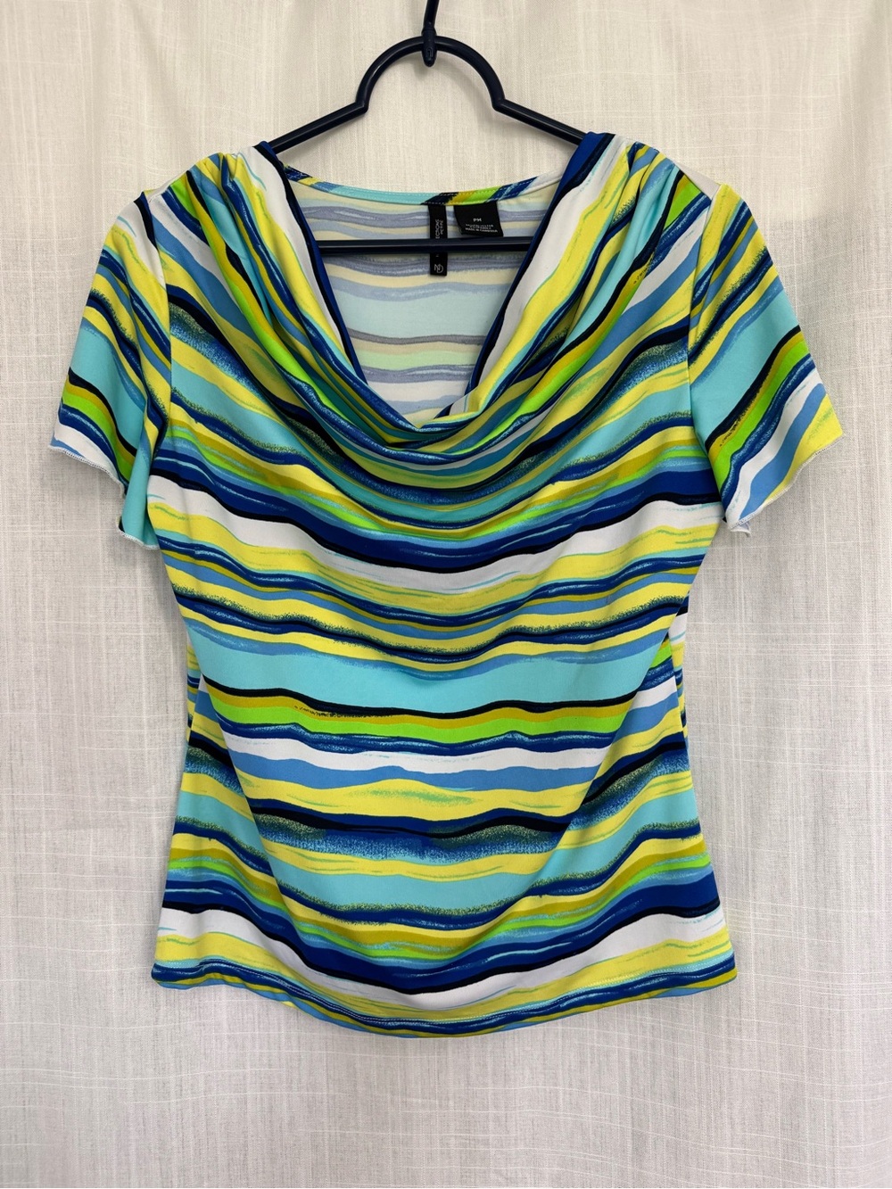 New Directions Petite M Striped Cowl Neck Short-Sleeve Top - Blue, Green, White